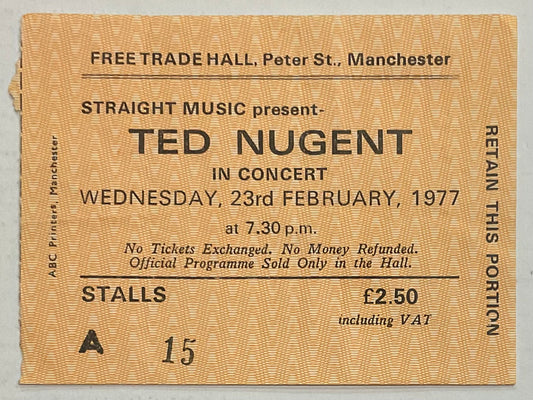 Ted Nugent Original Used Concert Ticket Free Trade Hall Manchester 23rd Feb 1977