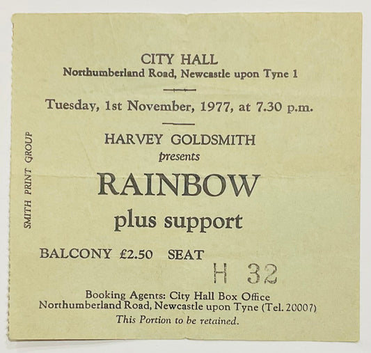 Rainbow Original Used Concert Ticket City Hall Newcastle 1st Nov 1977