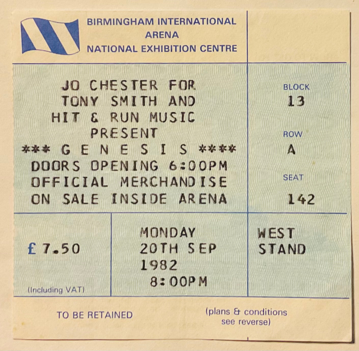 Genesis Original Used Concert Ticket NEC Birmingham 20th Sept 1982