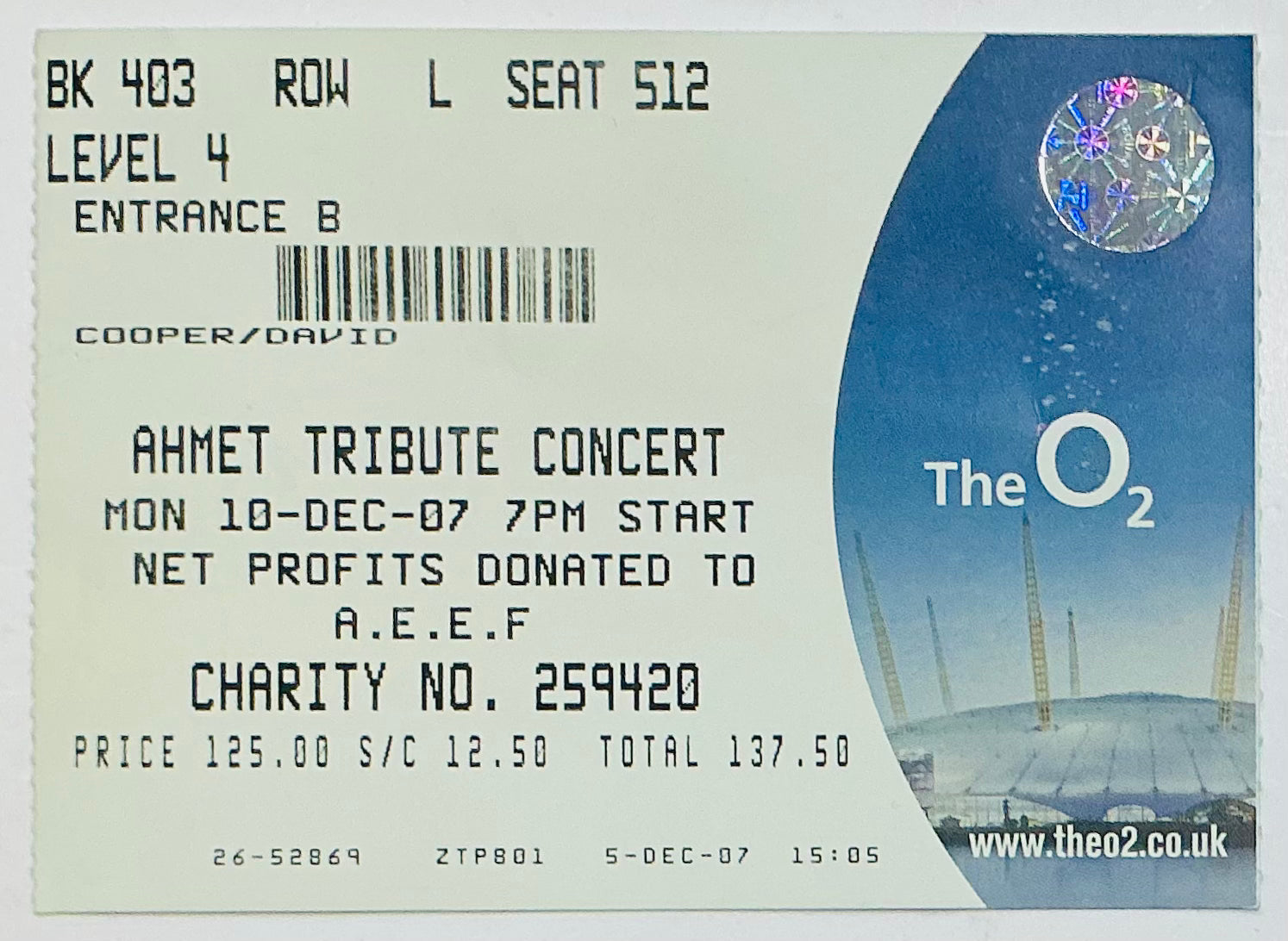 Led Zeppelin Original Used Concert Ticket O2 Arena London 10th Dec 2007