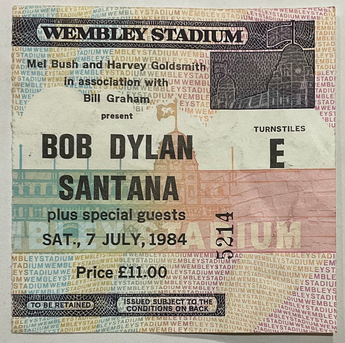 Bob Dylan Santana Original Used Concert Ticket Wembley Stadium London 7th Jul 1984