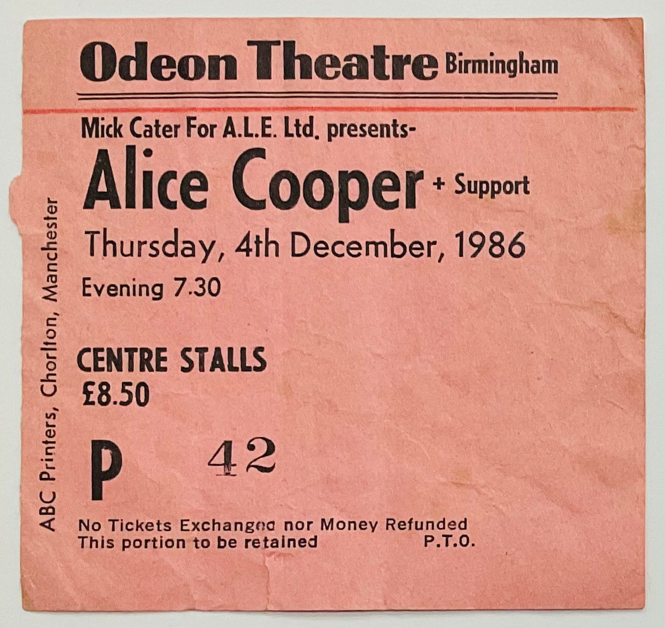 Alice Cooper Original Used Concert Ticket Odeon Theatre Birmingham 4th Dec 1986