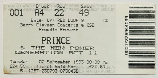 Prince Original Used Concert Ticket Wembley London 7 Sept 1993