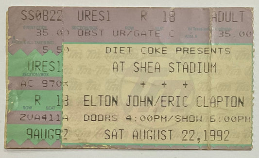 Elton John Eric Clapton Original Used Concert Ticket Shea Stadium New York 22nd Aug 1992