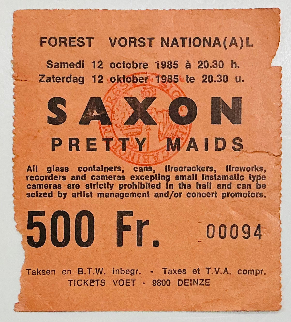 Saxon Original Used Concert Ticket Forest Vorst National Brussels 12th Oct 1985