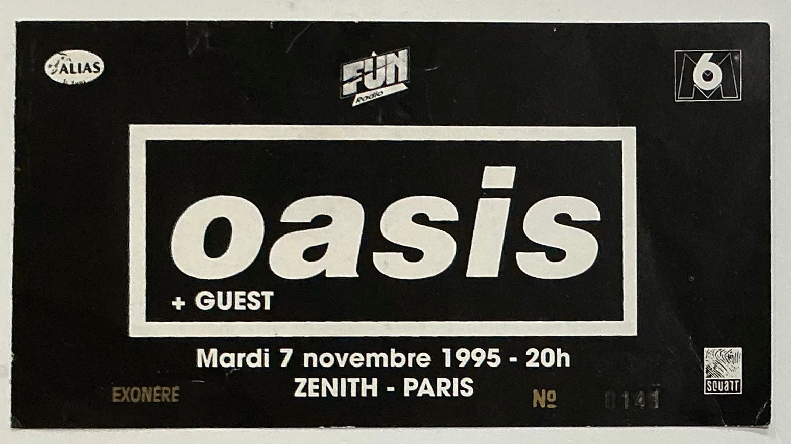 Oasis Original Used Concert Ticket Zenith Paris 7th Nov 1995