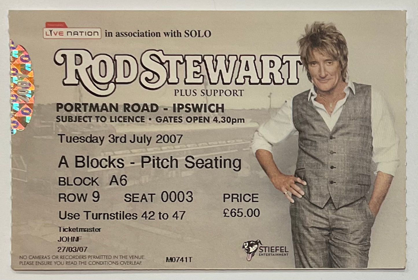 Rod Stewart Original Used Concert Ticket Portman Road Ipswich 3rd jul 2007