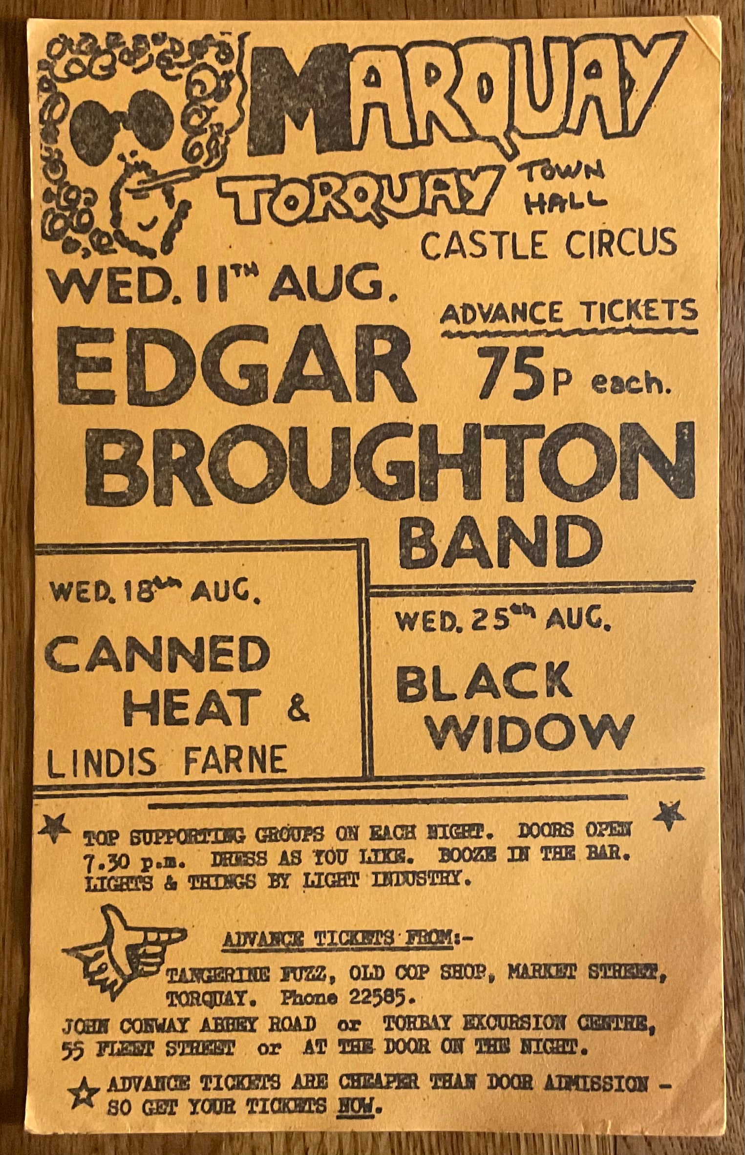 Edgar Broughton Canned Heat Original Concert Handbill Flyer Town Hall Torquay Aug 1971