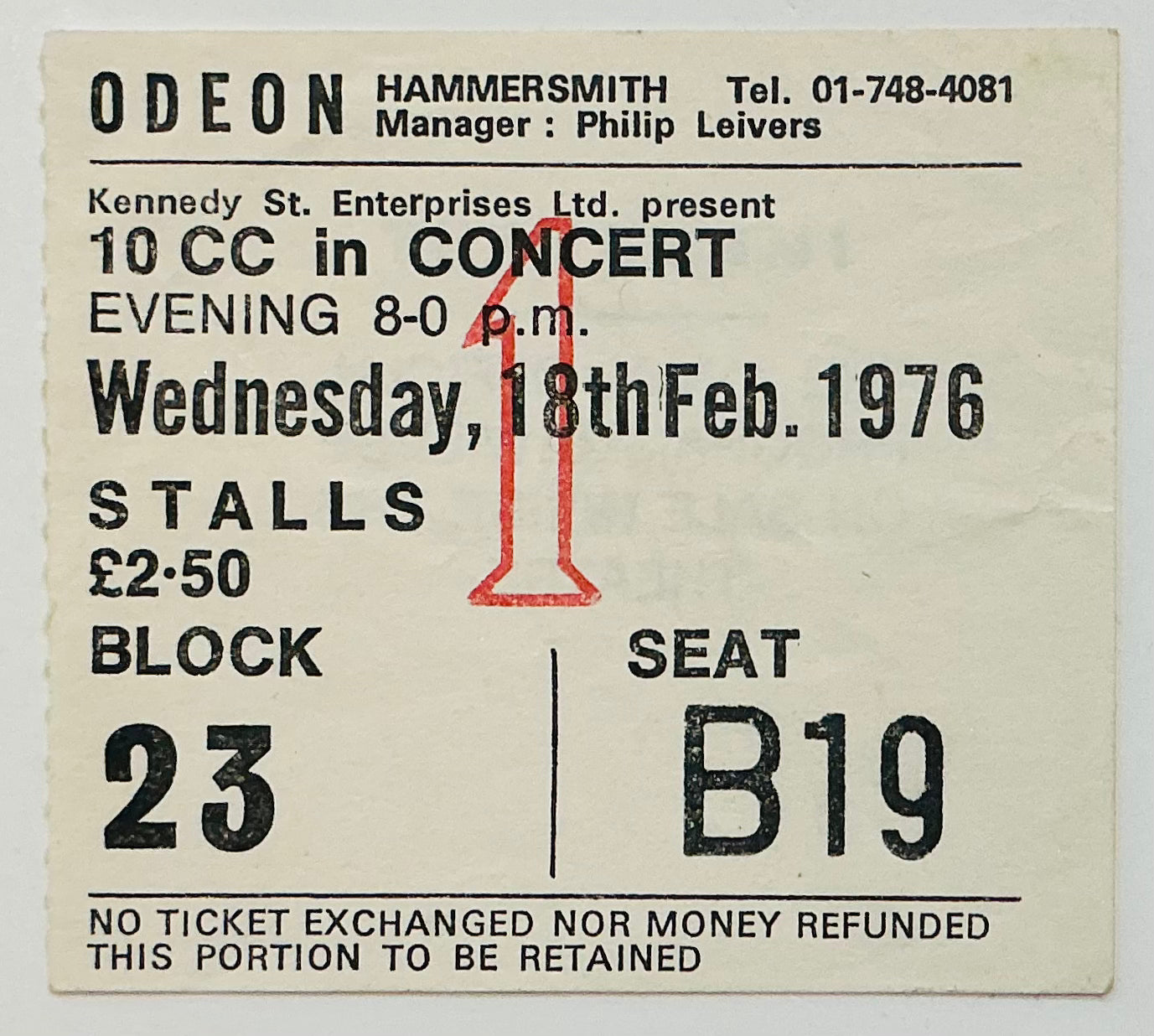 10cc Original Used Concert Ticket Hammersmith Odeon London 18th Feb 1976