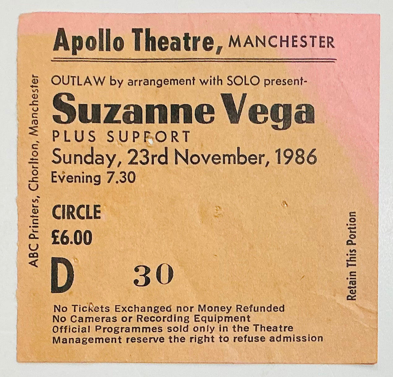 Suzanne Vega Original Used Concert Ticket Apollo Theatre Manchester 23rd Nov 1986