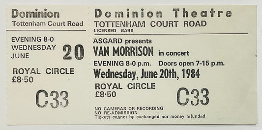 Van Morrison Original Unused Concert Ticket Dominion Theatre London 20th Jun 1984