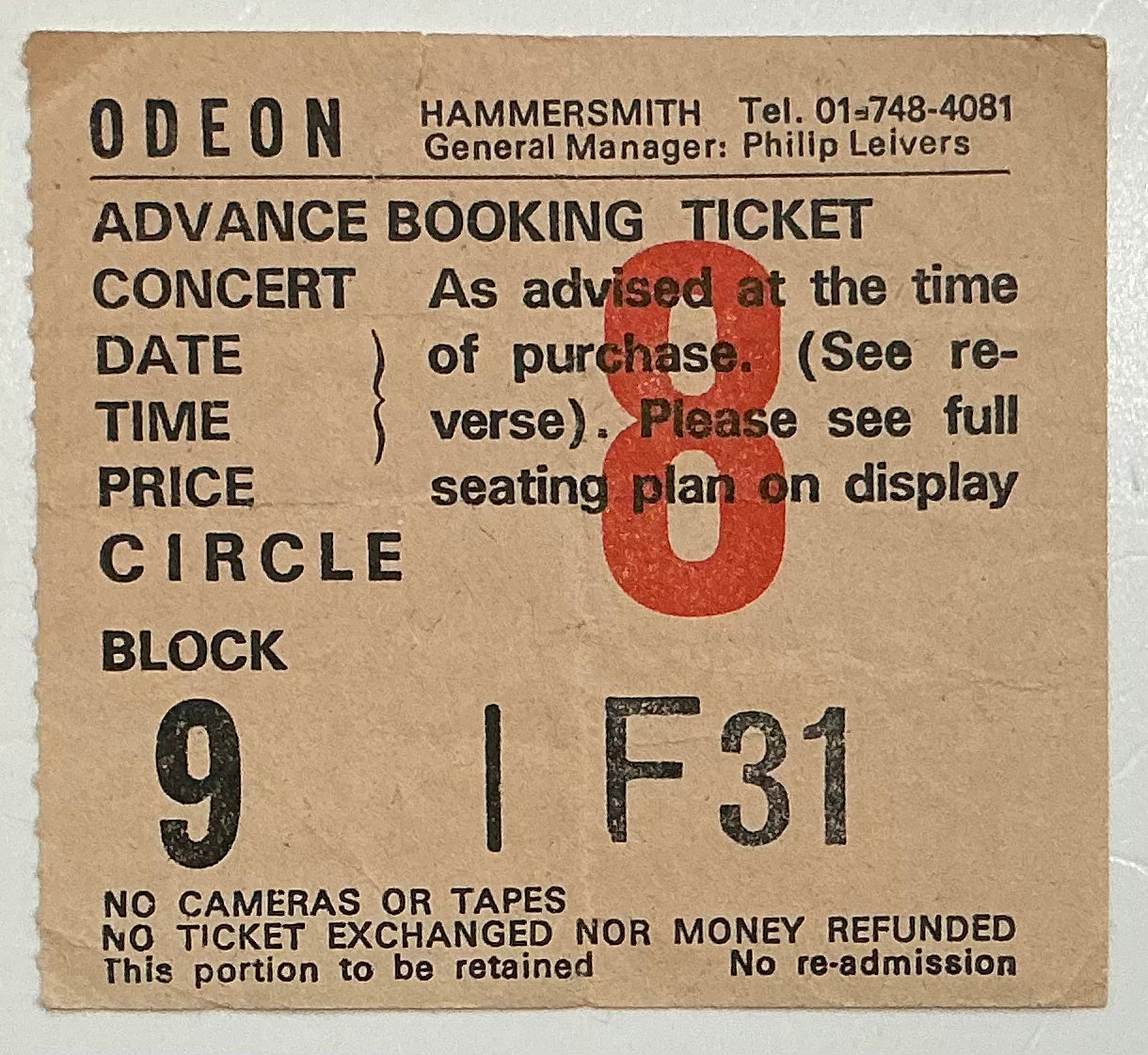 Gary Moore Original Used Concert Ticket Hammersmith Odeon London 27th Sep 1985