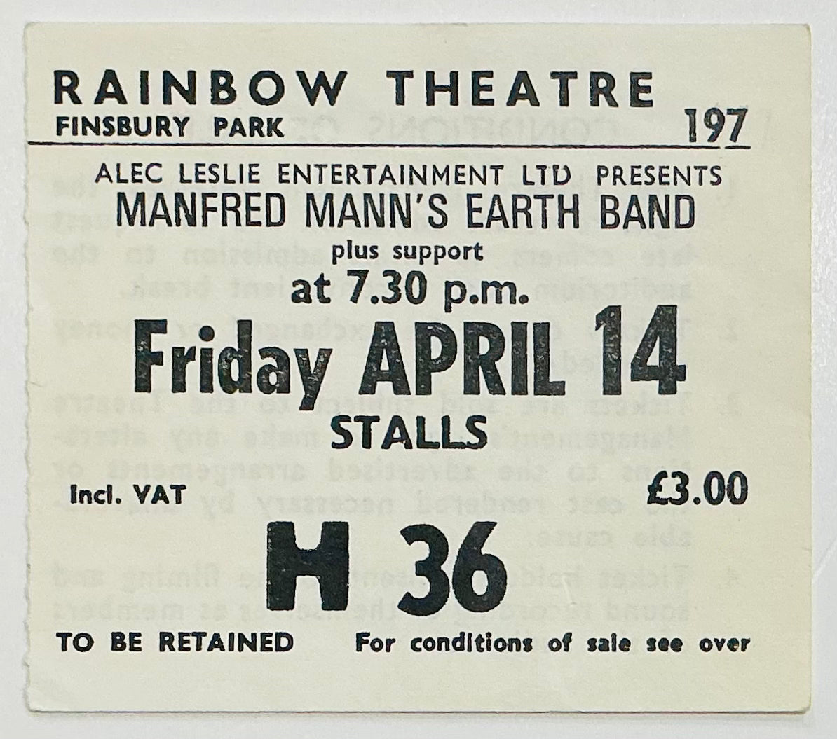 Manfred Mann’s Earth Band Original Used Concert Ticket Rainbow Theatre London 14th April 1978