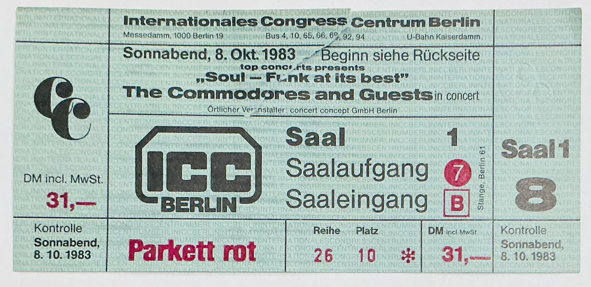 Commodores Original Used Concert Ticket ICC Berlin 8th Oct 1983