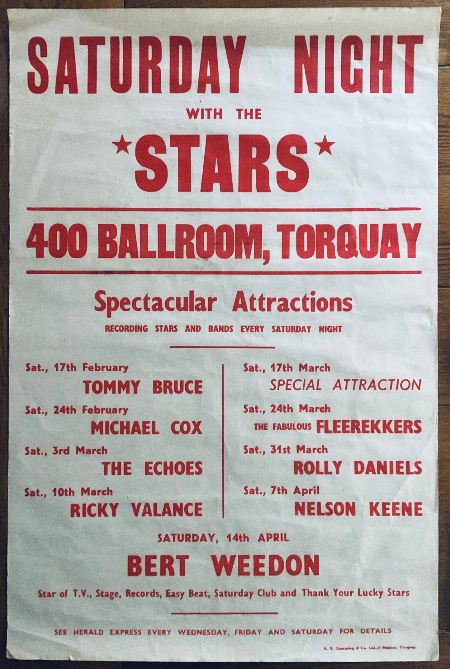 Echoes Ricky Valance Tommy Bruce Burt Weedon Original Concert Tour Gig Poster 400 Ballroom Torquay 1962