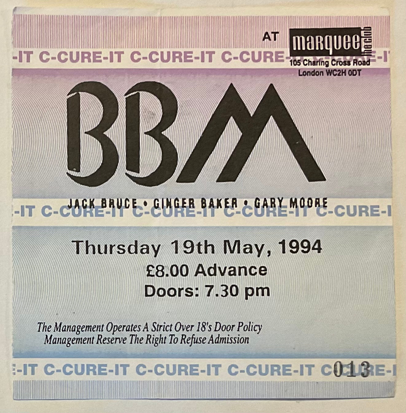 BBM Baker Bruce Moore Original Used Concert Ticket Marquee London 19th May 1994