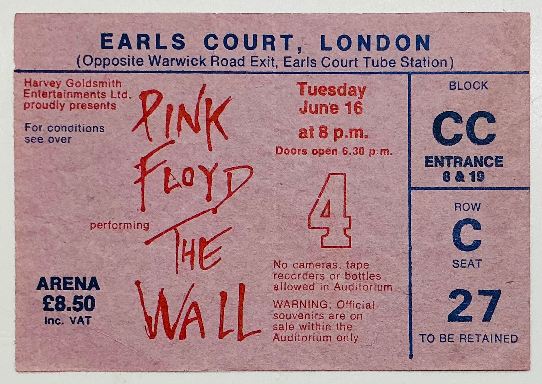 Pink Floyd Original Used Concert Ticket Earls Court London 16th Jun 1981