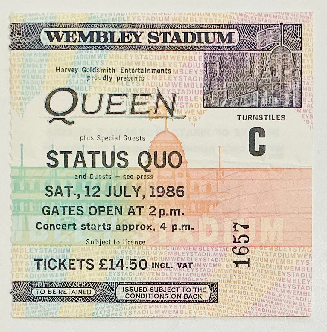Queen Status Quo Original Used Concert Ticket Wembley Stadium London 12th July 1986