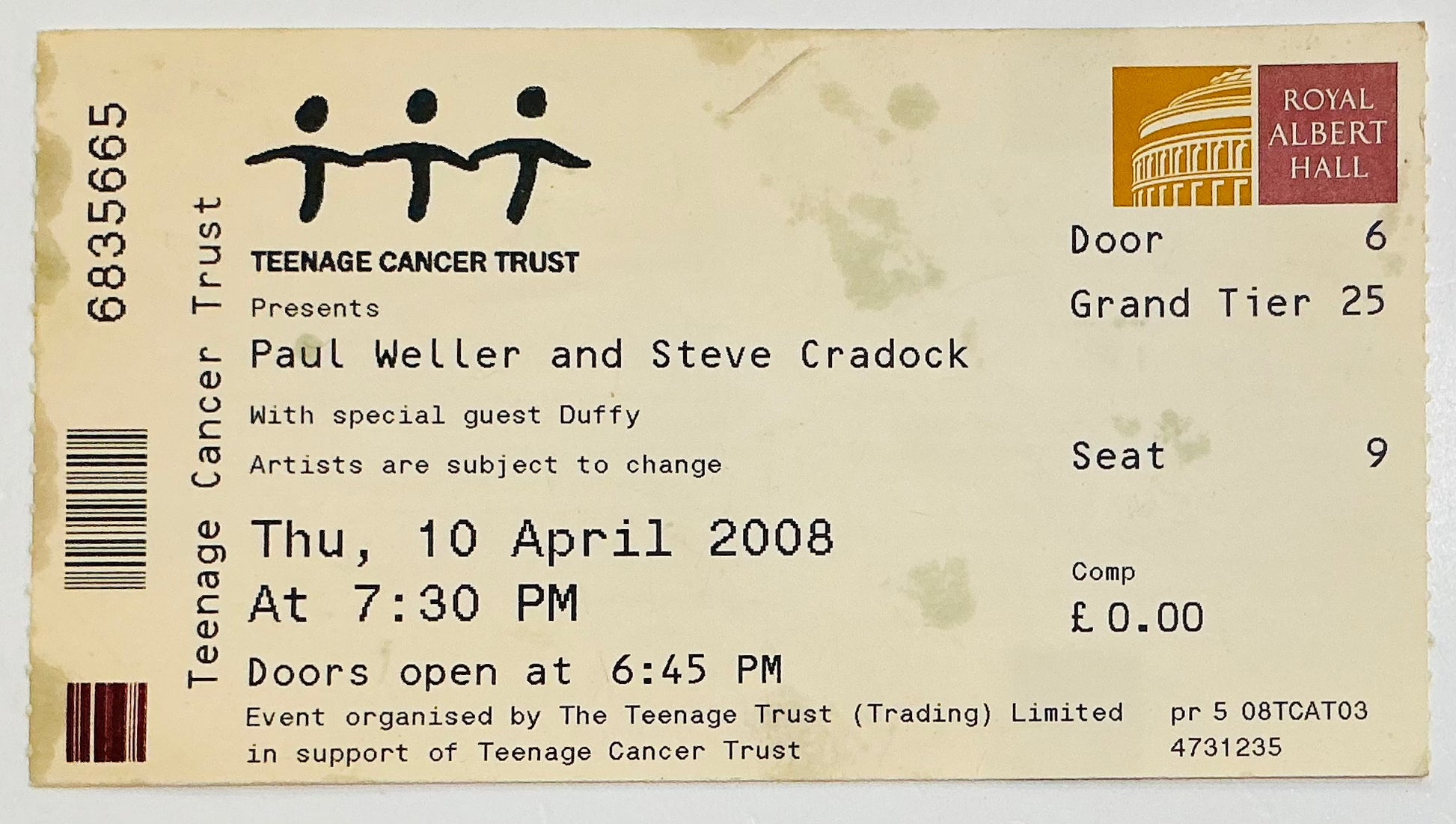 Jam Paul Weller Original Used Concert Ticket Royal Albert Hall London 10th Apr 2008