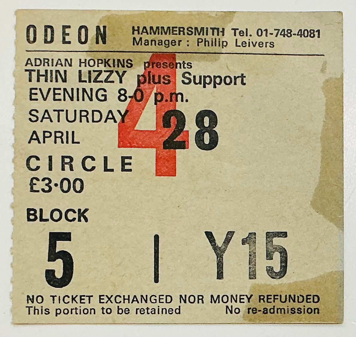 Thin Lizzy Original Used Concert Ticket Hammersmith Odeon London 28th April 1979