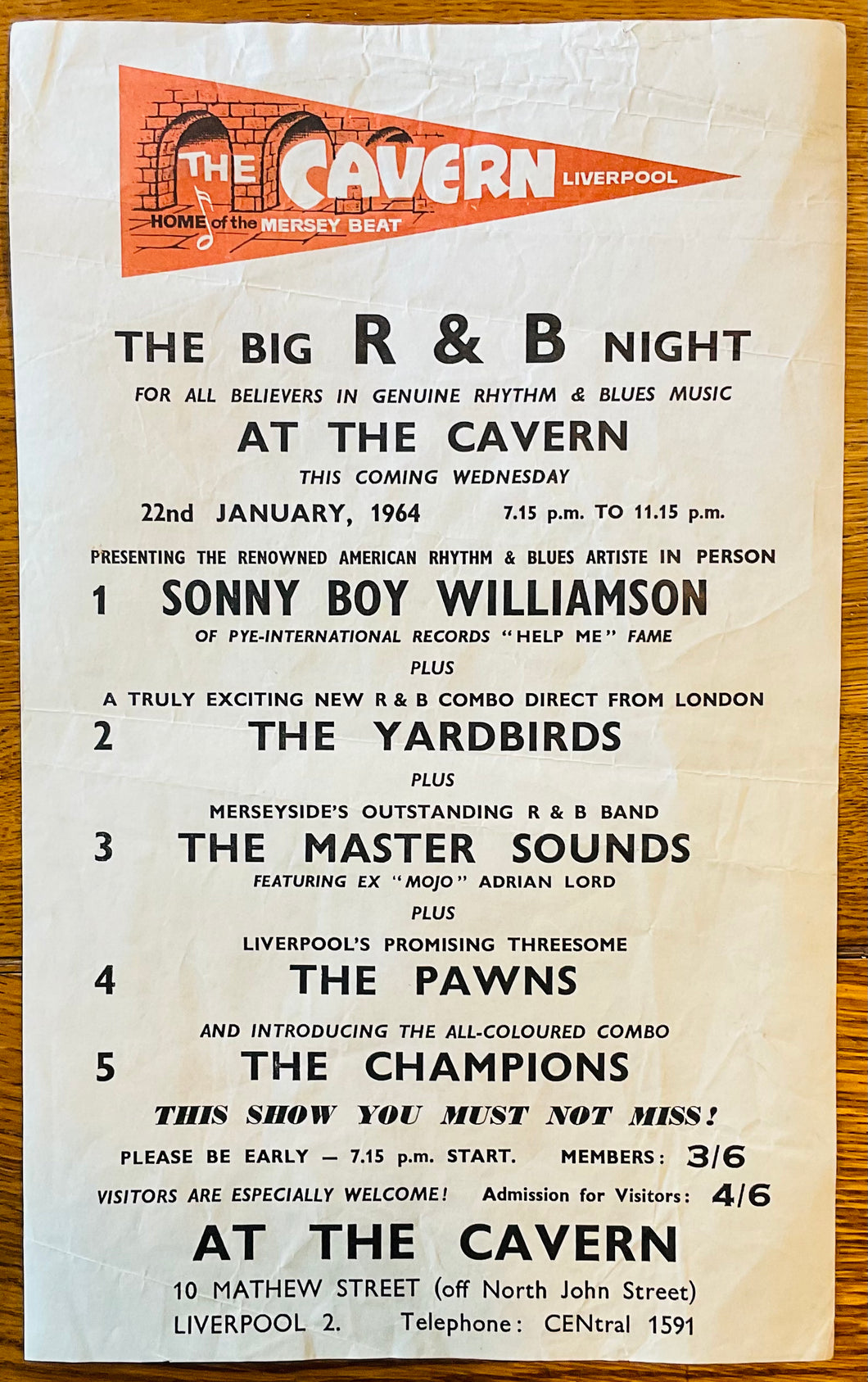 Yardbirds Eric Clapton Original Concert Poster The Cavern Club Liverpool 22nd Jan 1964