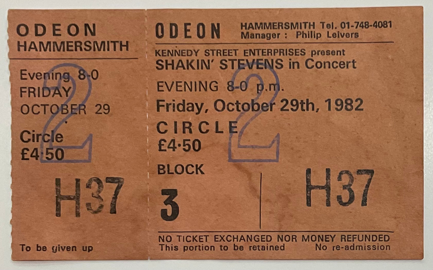 Shakin’ Stevens Original Unused Concert Ticket Hammersmith Odeon 29th Oct 1982