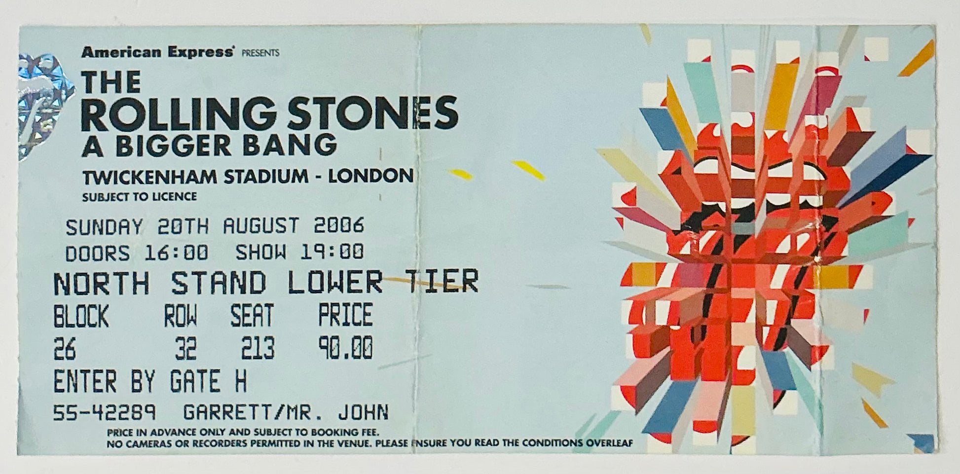 Rolling Stones Original Used Concert Ticket Twickenham Stadium London 20th Aug 2006