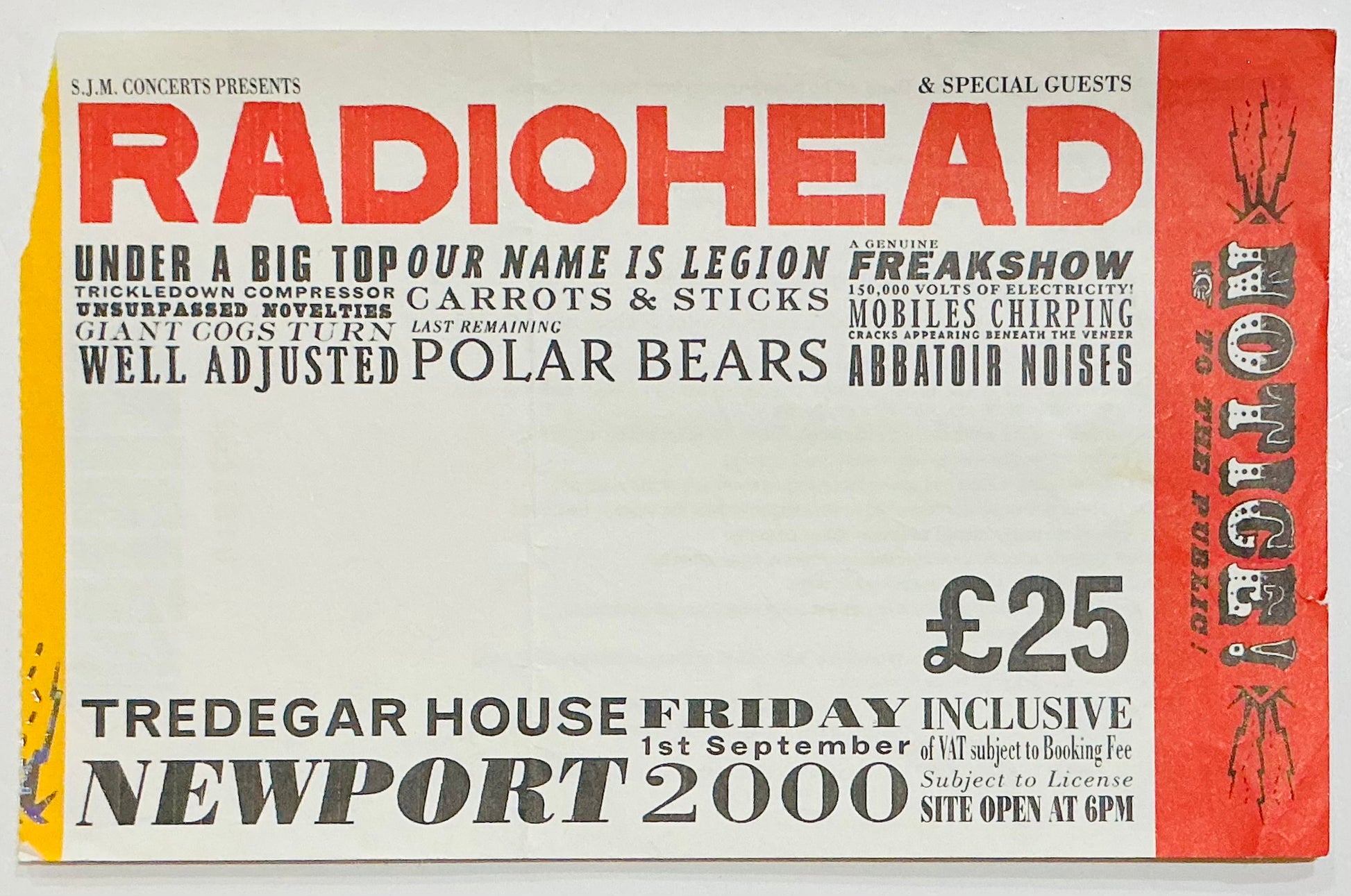 Radiohead Original Used Concert Ticket Tredegar House Newport 1st Sept 2000