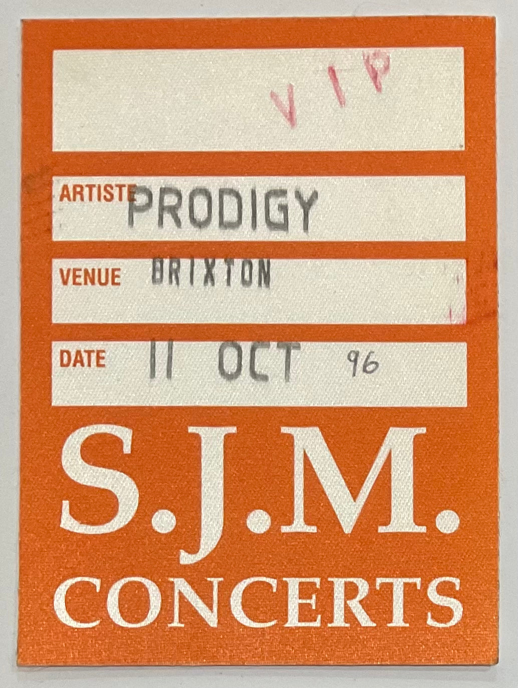 Prodigy Original Unused Concert Backstage Pass Ticket Brixton Academy London 11th Oct 1996