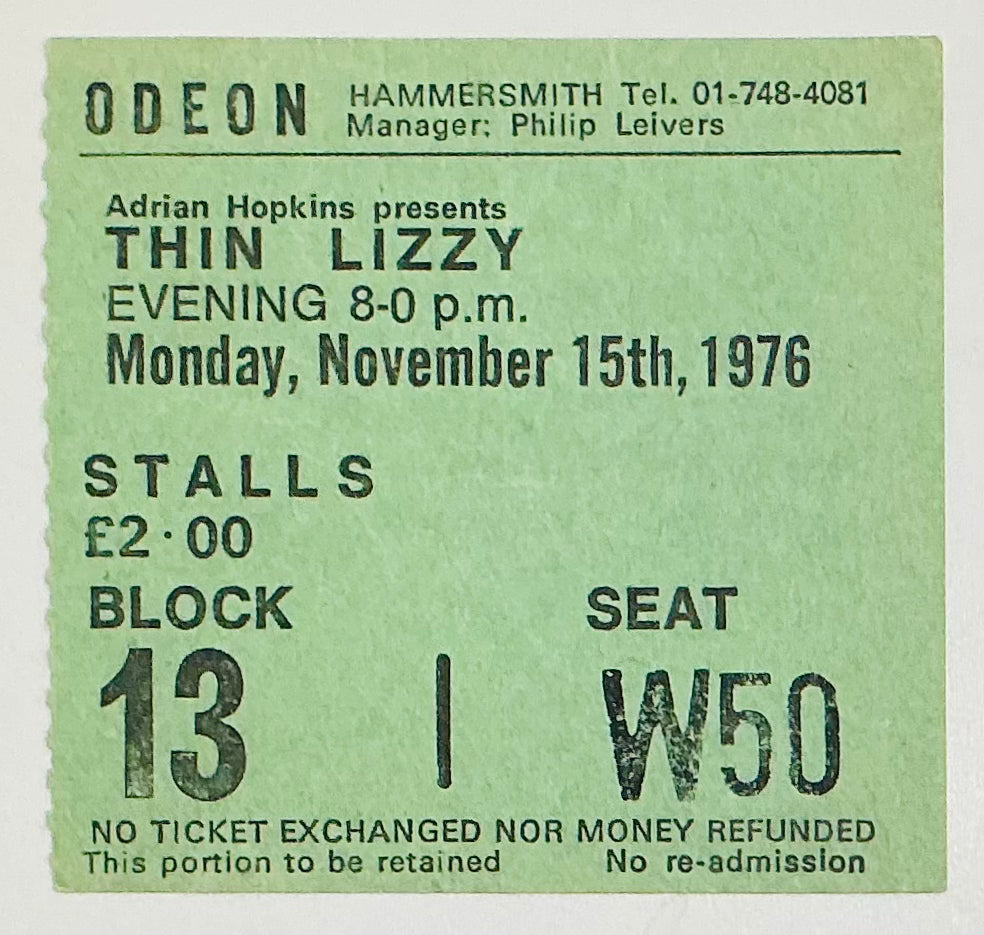 Thin Lizzy Original Used Concert Ticket Hammersmith Odeon London 15th Nov 1976