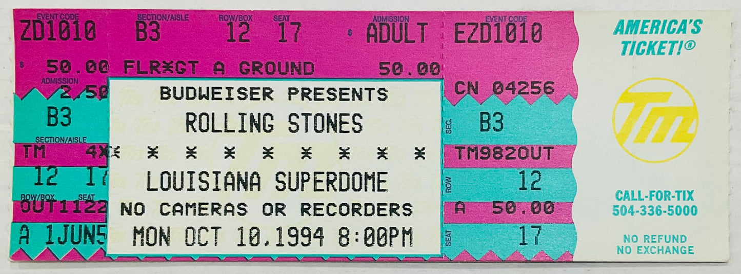 Rolling Stones Original Unused NMint Concert Ticket Louisiana Superdome New Orleans 10th Oct 1994