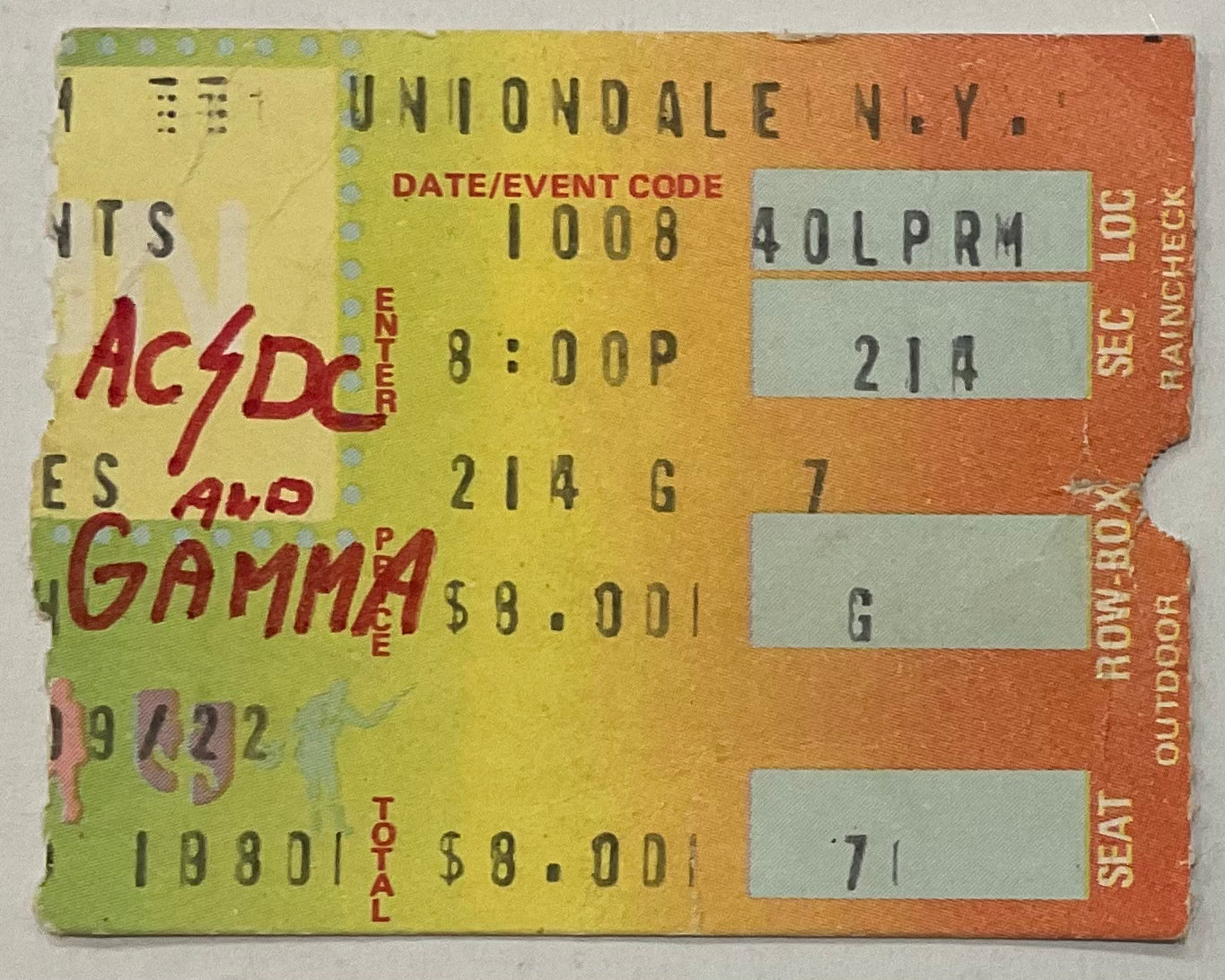 AC/DC Gamma Original Used Concert Ticket Nassau Veterans Memorial Coliseum Uniondale 1980