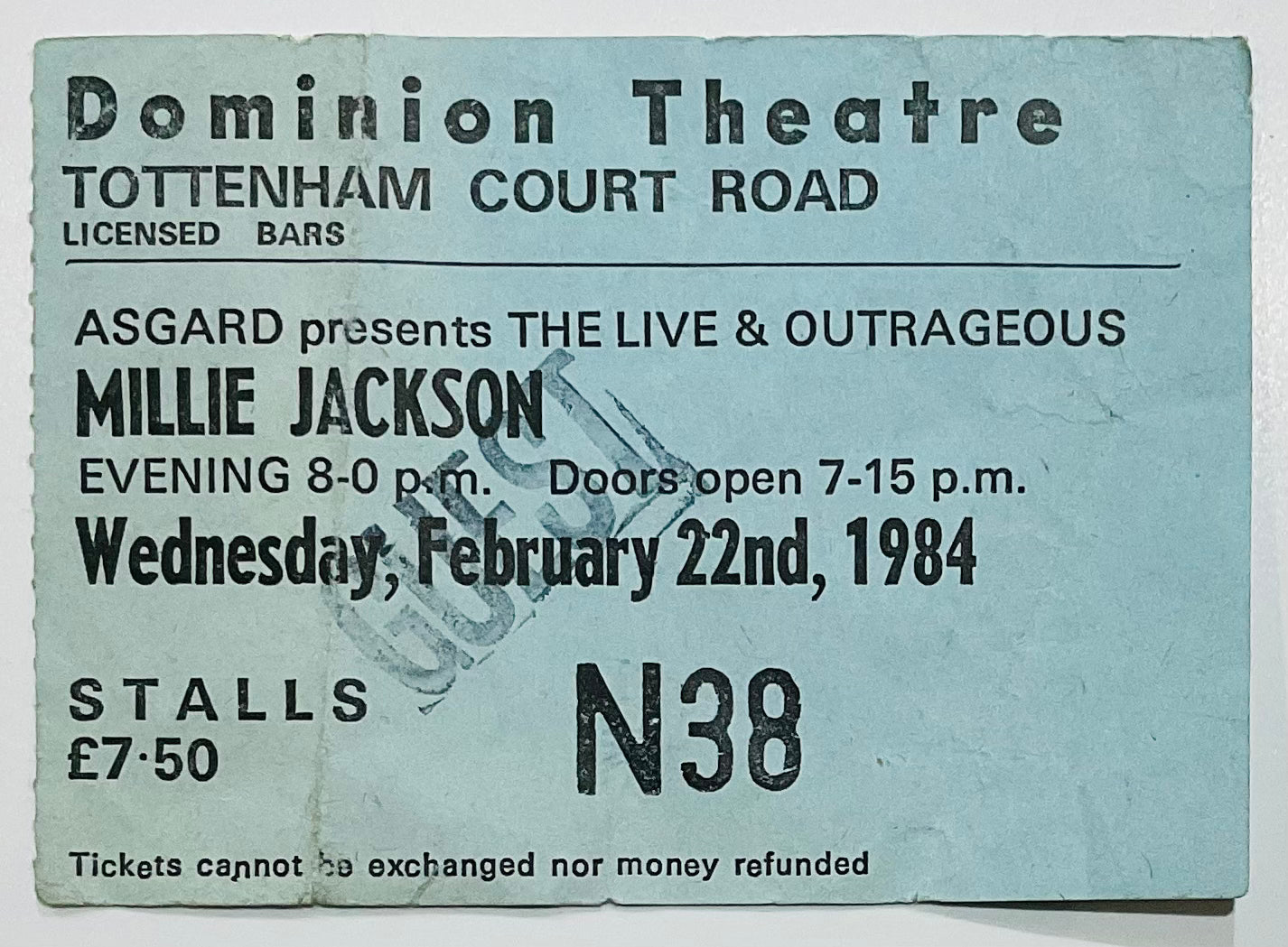 Millie Jackson Original Used Concert Ticket Dominion Theatre London 22nd Feb 1984