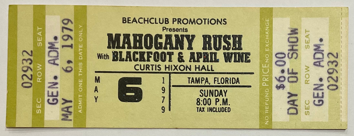 Mahogany Rush April Wine Original Unused Concert Ticket Curtis Hixon Hall Tampa 6th Mar 1979