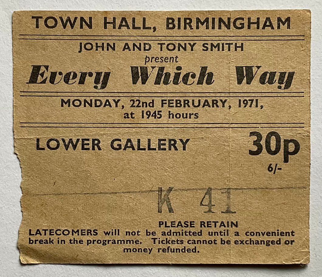 Every Which Way Original Used Concert Ticket Town Hall Birmingham 22nd Feb 1971