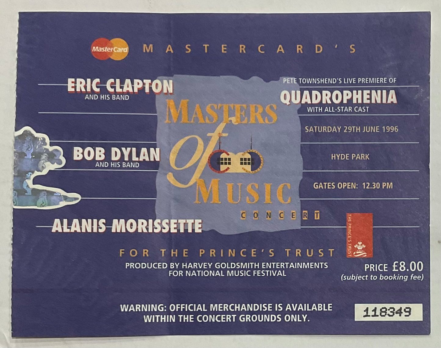 Eric Clapton Bob Dylan Original Used Concert Ticket Hyde Park London 29th Jun 1996