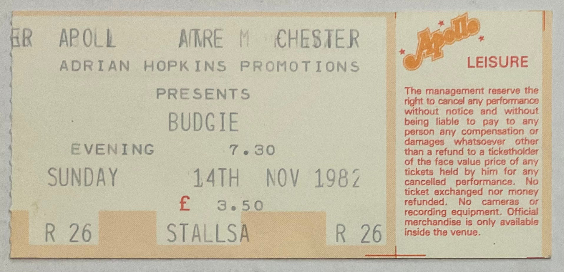 Budgie Original Used Concert Ticket Apollo Theatre Manchester 14th Nov 1982