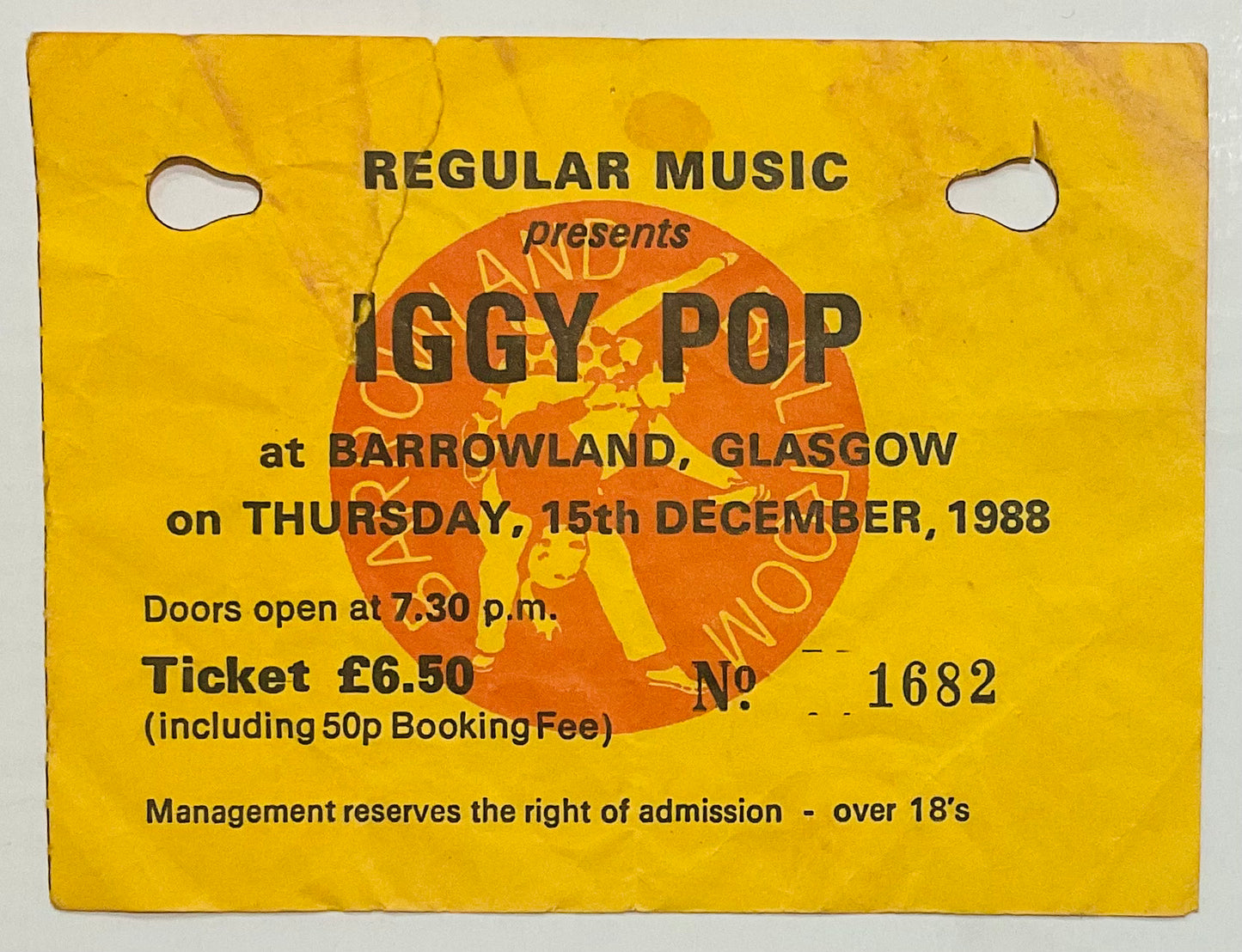 Iggy Pop Original Used Concert Ticket Barrowland Glasgow 15th Dec 1988