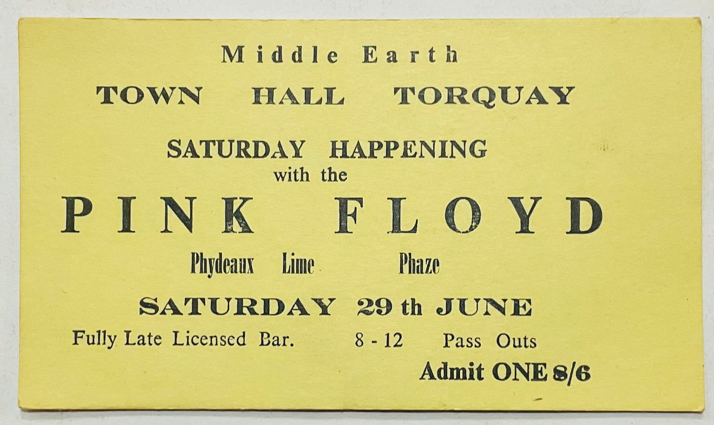 Pink Floyd Original Concert Ticket Middle Earth Town Hall Torquay 29th June 1968