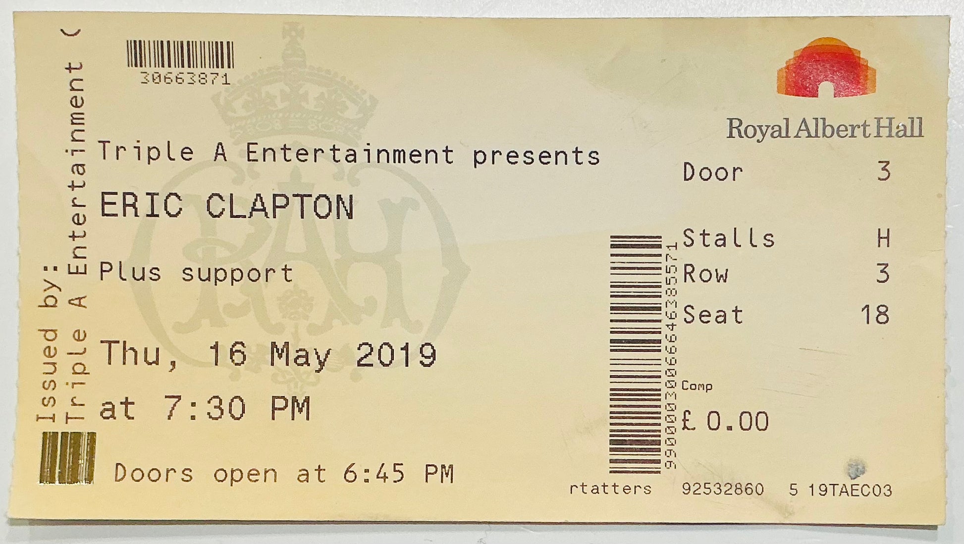 Eric Clapton Original Used Concert Ticket Royal Albert Hall London 16th May 2019