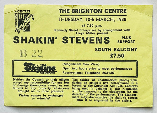 Shakin’ Stevens Original Used Concert Ticket The Brighton Centre 10th Mar 1988