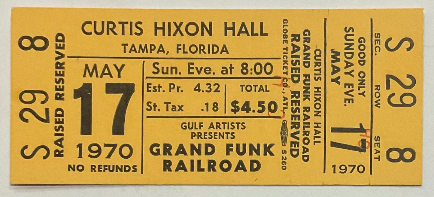 Grand Funk Railroad Original Unused Concert Ticket Curtis Hixon Hall Tampa 17th May 1970