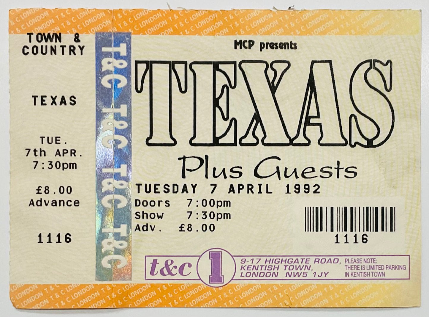 Texas Original Unused Concert Ticket Town & Country Club London 7th April 1992