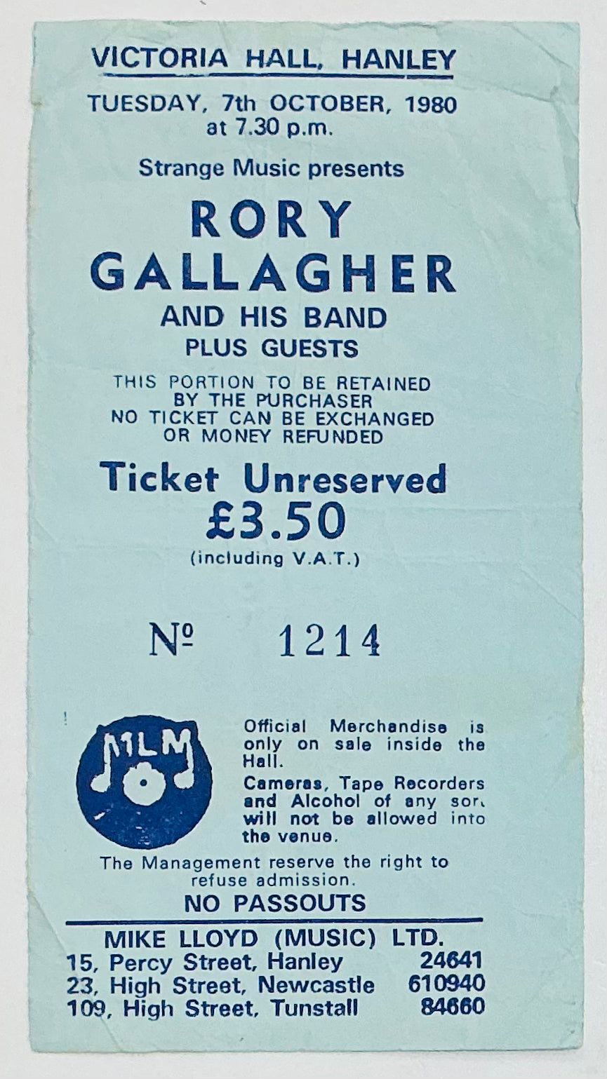 Rory Gallagher Original Used Concert Ticket Victoria Hall Hanley 7th Oct 1980
