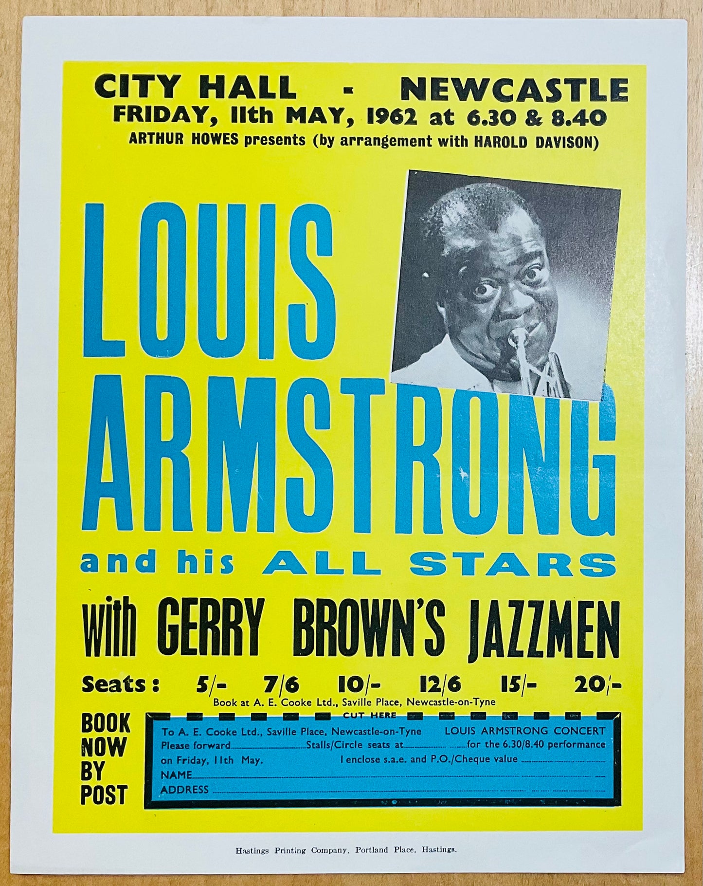 Louis Armstrong Original Concert Handbill Flyer City Hall Newcastle 11th May 1962