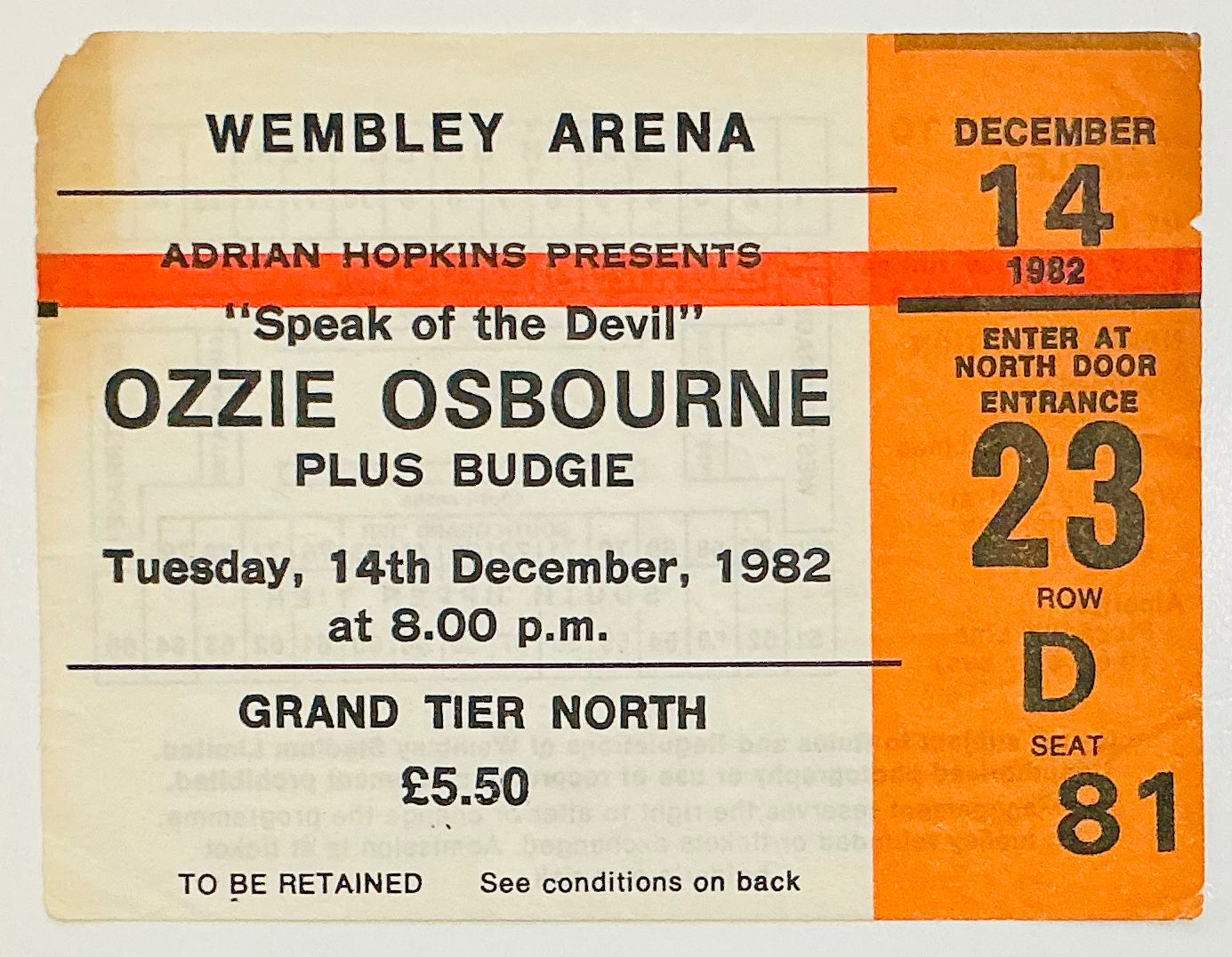 Ozzy Osbourne Budgie Original Used Concert Ticket Wembley Arena London 14th Dec 1982