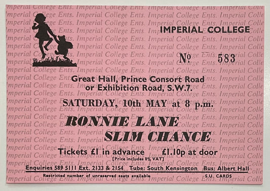 Ronnie Lane’s Slim Chance Original Used Concert Ticket Imperial College London 10th May 1975