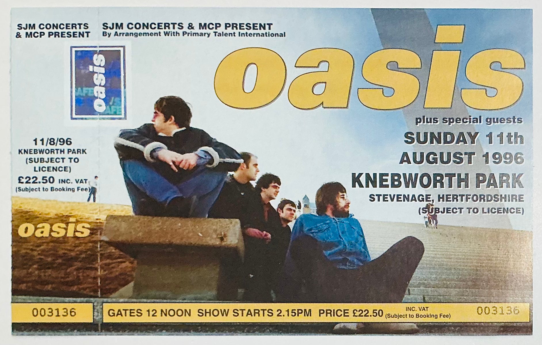 Oasis Original Unused Concert Ticket Knebworth Park 11th Aug 1996