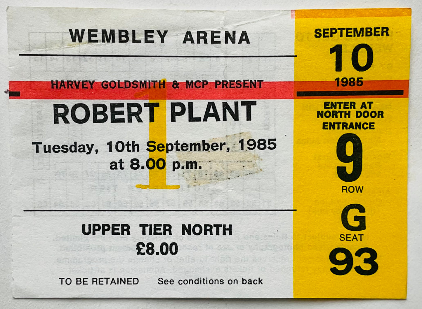Led Zeppelin Robert Plant Original Used Concert Ticket Wembley Arena London 10th Sep 1985