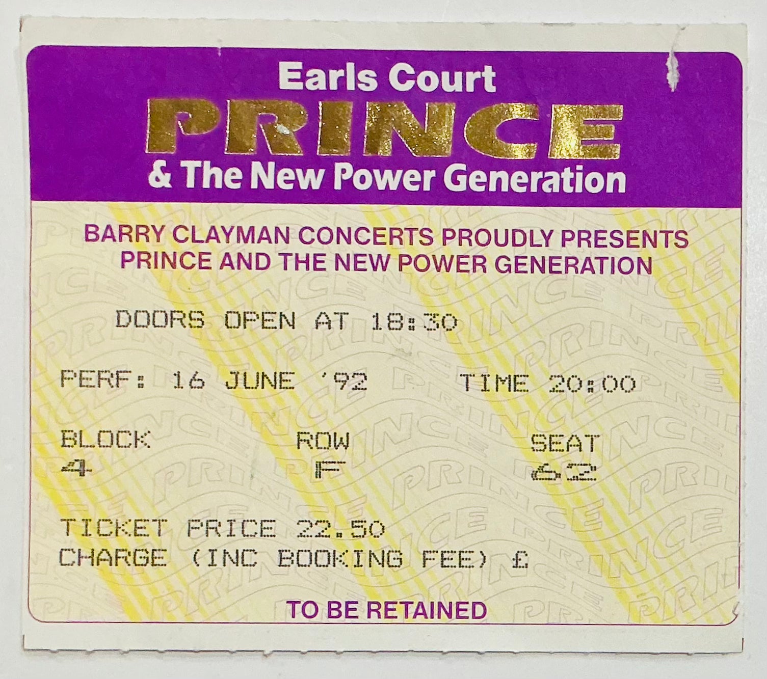 Prince Original Used Concert Ticket Earls Court London 16th Jun 1992